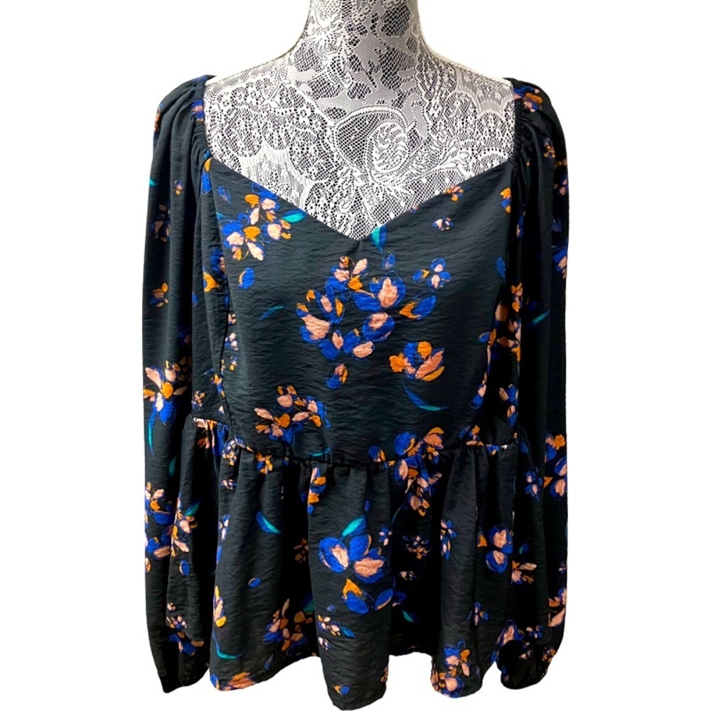 AVA & VIV Floral Peplum Blouse Women’s SZ 1X Black Long Sleeves Smock Tie